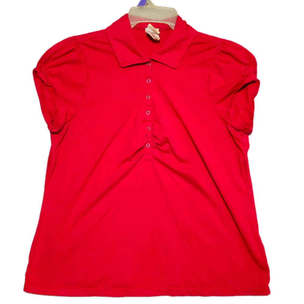 Vintage Faded Glory Polo Shirt Women 2X Red Short Puff Sleeve Ruffle Ruched Y2K